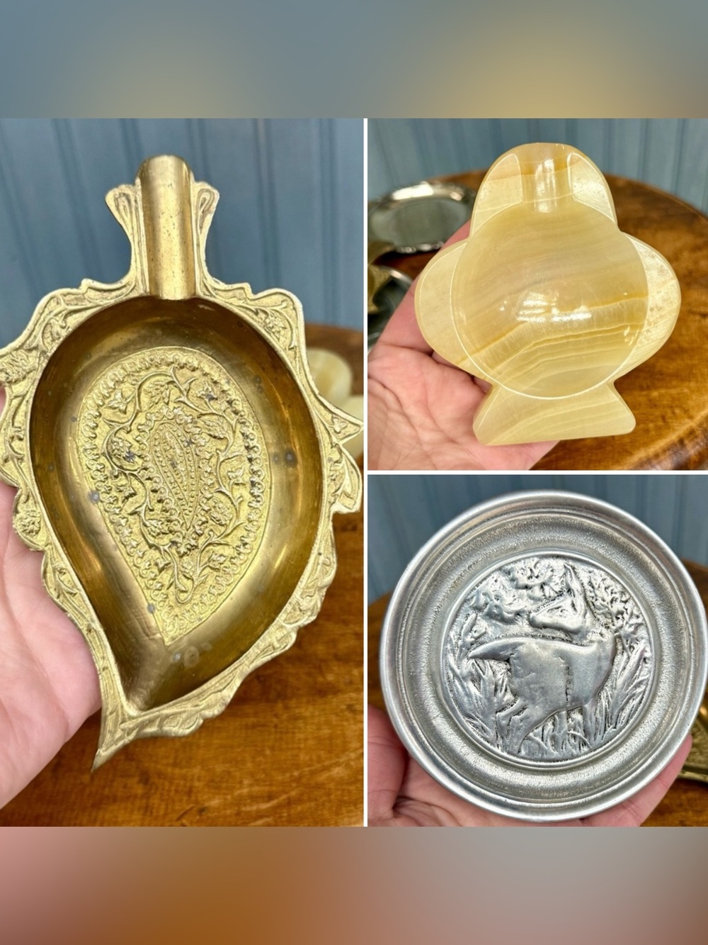Vintage Trinket Dish Lot, Brass, Wilton Pewter, Mexican Onyx EUC